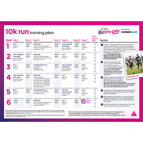A thumbnail of the 10k run training plan sheet.